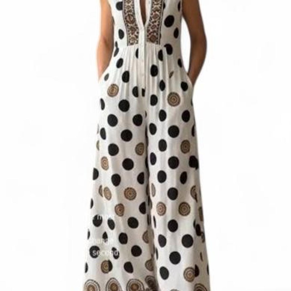 UOOZEE Women's Polka-Dot Pocketed Pleated Contrast Color Jumper Jumpsuit